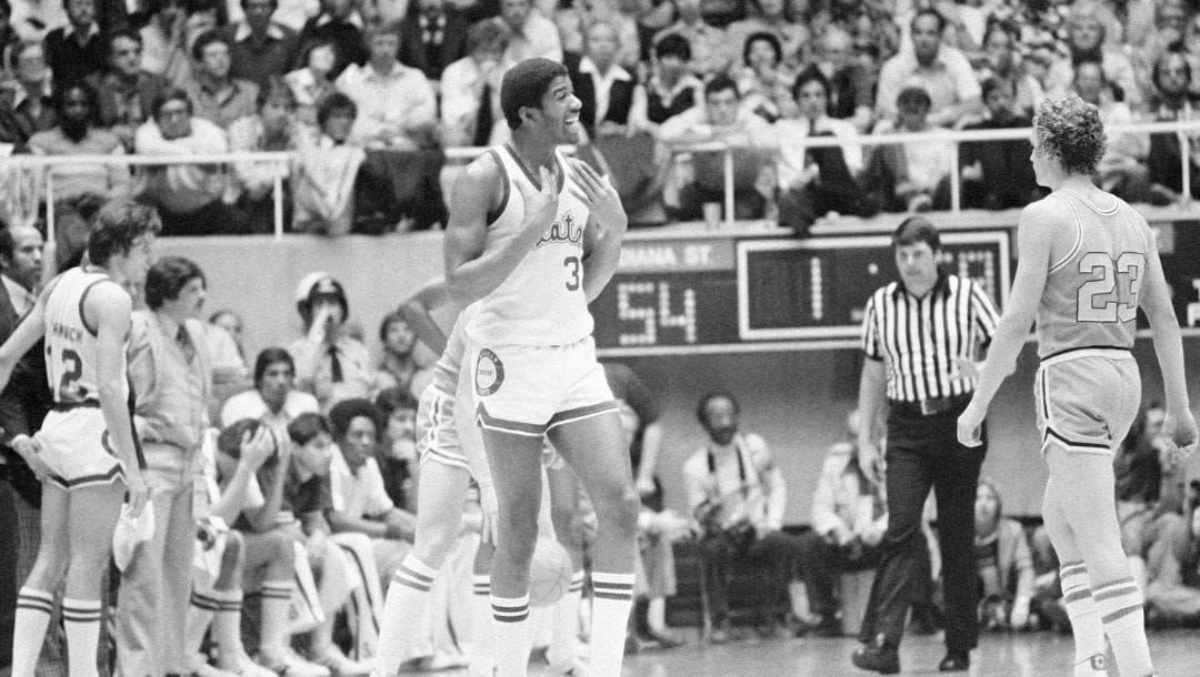 Michigan State's Earvin "Magic" Johnson, who was named the NCAA tournament's most valuable player, gestures as he questions a call.