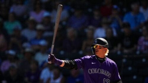 Colorado Rockies' Zac Veen comes up to bat against the Kansas City Royals in the first inning during a spring training.