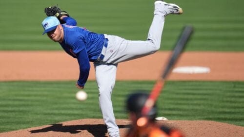 Chicago Cubs pitcher Caleb Thielbar throws against San Francisco Giants' Mike Yastrzemski during the fourth inning.