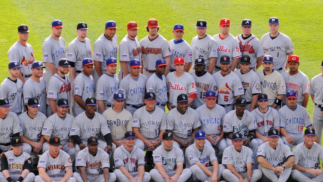 Players from the National League pose for their team photo before the Major League Baseball All-Star Game.