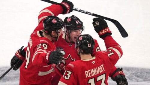 Canada's Sidney Crosby, center, celebrates after his goal against Finland during the third period of a 4 Nations Face-Off hockey game, Monday, Feb. 17, 2025, in Boston.