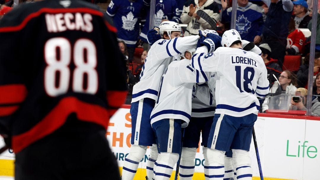 Toronto Maple Leafs celebrate a goal against the Carolina Hurricanes during the first period of an NHL hockey game in Raleigh.