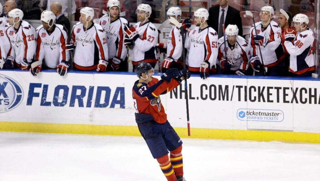 Florida Panthers center Nick Bjugstad (27) celebrates after scoring the game-winning goal in a shootout of an NHL hockey game against the Washington Capitals, in Sunrise, Fla., Tuesday, Dec. 16, 2014.