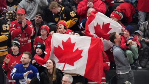 Canada fans celebrate during the first period of a 4 Nations Face-Off hockey game against Finland, Monday, Feb. 17, 2025, in Boston.