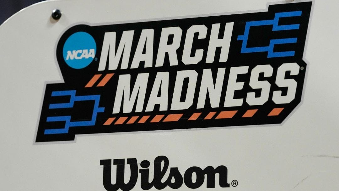 March Madness is seen on ball rack during the second half of an NCAA college basketball game between Iowa and UCLA, Sunday, Feb. 23, 2025, in Iowa City, Iowa.