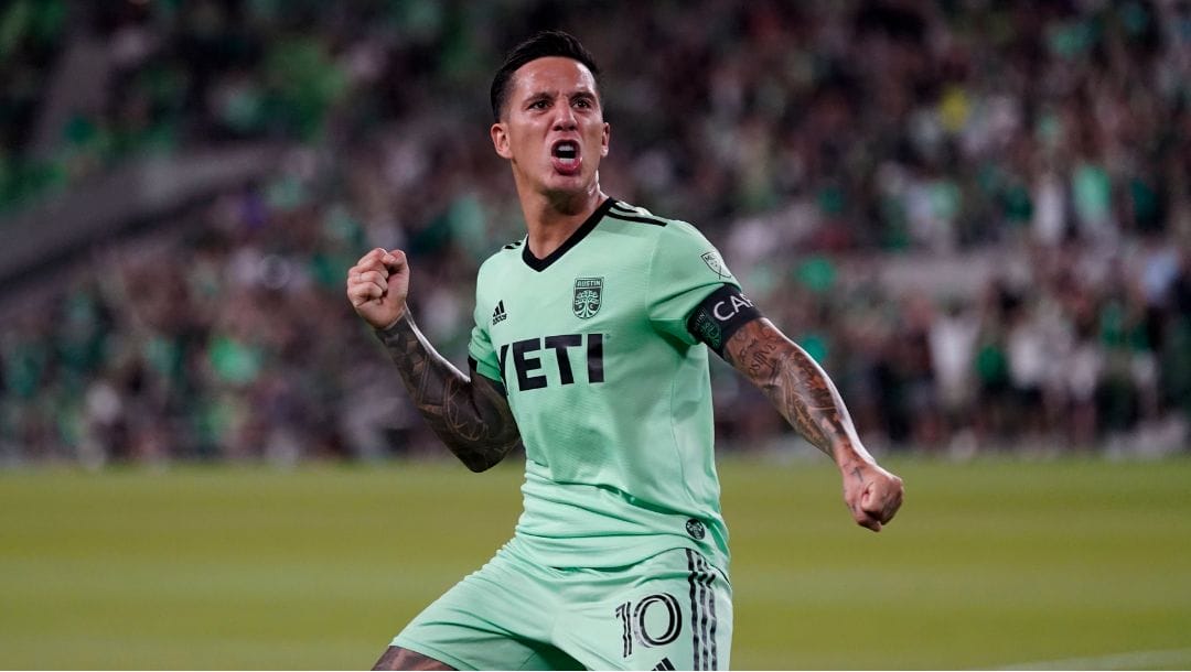 Austin FC forward Sebastián Driussi (10) celebrates a goal against the Seattle Sounders FC during the second half of an MLS.