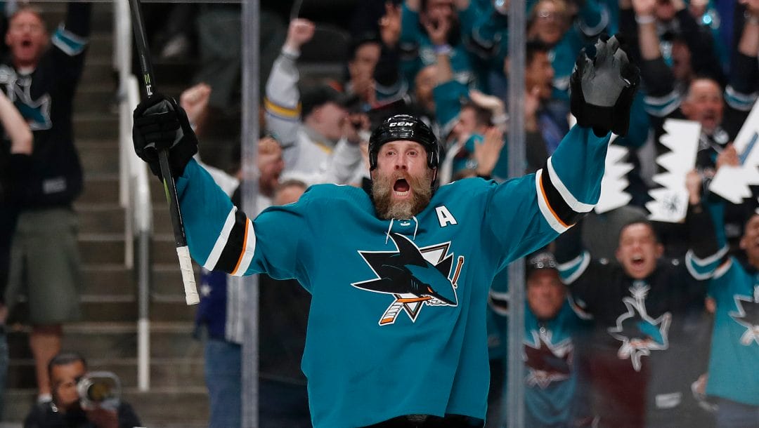 San Jose Sharks' Joe Thornton (19) celebrates his goal against the Vegas Golden Knights during the first period of Game 2 of an NHL hockey first-round playoff series Friday, April 12, 2019, in San Jose, Calif.