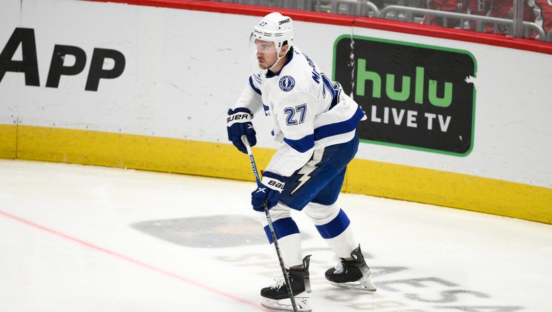 Tampa Bay Lightning defenseman Ryan McDonagh (27) in action during the third period of an NHL hockey game against the Washington Capitals, Saturday, March 1, 2025, in Washington.