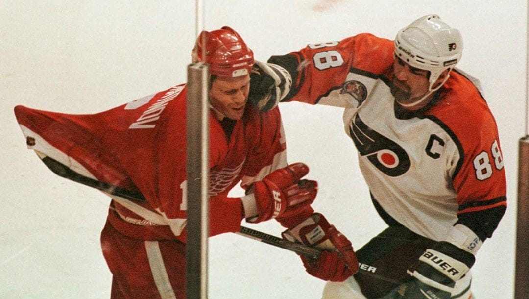 Philadelphia Flyers Eric Lindros roughs up Detroit Red Wings Vladimir Konstantinov during the final minutes of Detroit's 4-2 victory over the Flyers in Game 1 of the Stanley Cup Finals, Saturday, May 31, 1997 in Philadelphia. Lindros received a two minute penalty for roughing.