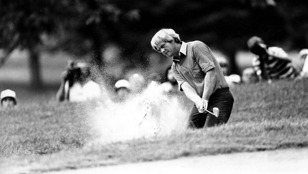 Jack Nicklaus blasts out of the sand on the seventh hole of the Oak Hill Country Club during fourth round of the PGA Championship in Rochester, N.Y., Sunday, Aug. 10, 1980. Nicklaus won his fifth and final PGA Championship at Oak Hill.
