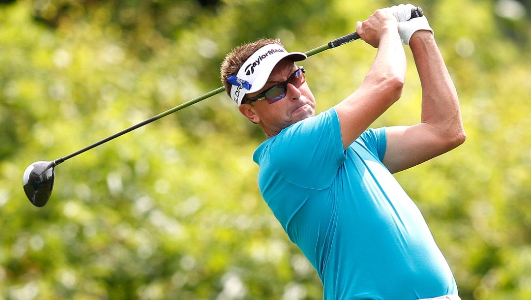 Robert Allenby of Australia tees off on the 2nd hole during the third round of the PGA Zurich Classic golf tournament at TPC Louisiana in Avondale, La., Saturday, April 26, 2014.