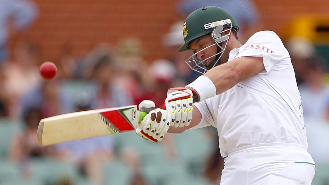 South Africa's Jacques Kallis hits a six off the bowling of Australia's Michael Clarke on the third day of their cricket test match in Adelaide, Saturday, Nov. 24, 2012. South Africa are chasing Australia's first innings of 550.