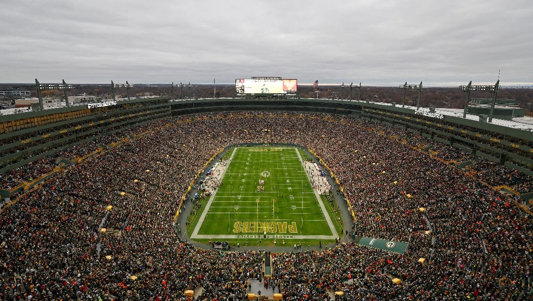 An elevated overall general view is seen of Lambeau Field during an NFL football game between the Green Bay Packers and the San Francisco 49ers, Sunday, Nov. 24, 2024, in Green Bay, Wis.