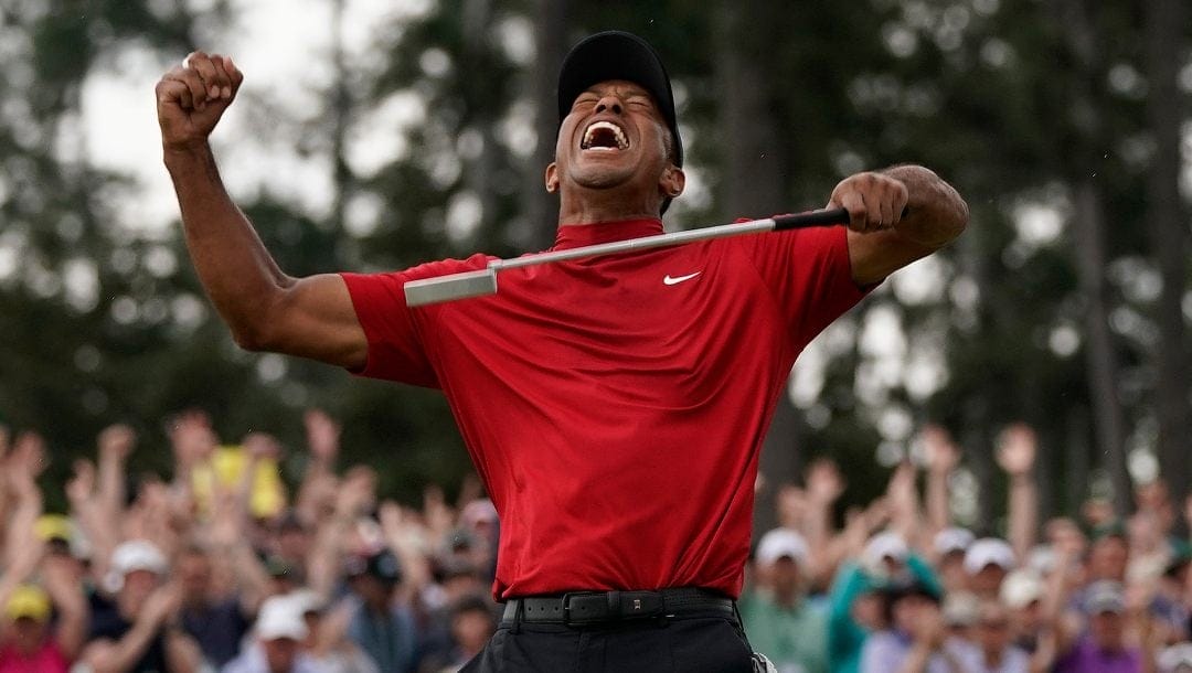 Tiger Woods reacts as he wins the Masters golf tournament Sunday, April 14, 2019, in Augusta, Ga. Woods won his 15th major at the Masters five years ago.