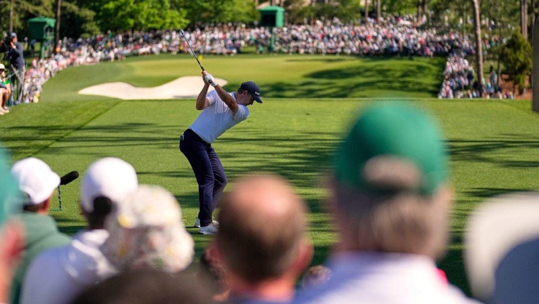 Justin Rose hits his tee shot on the sixth hole during the second round at the Masters golf tournament, Friday, April 11, 2025, in Augusta, Ga.