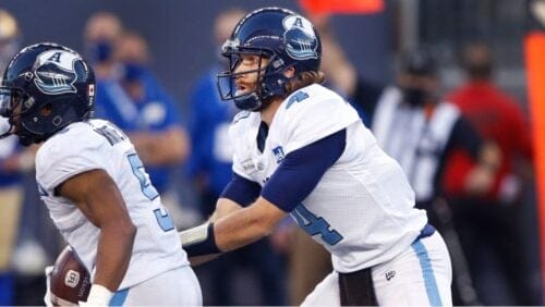 Toronto Argonauts Quarterback McLeod Bethel-Thompson during a CFL football game against the Winnipeg Blue Bombers.