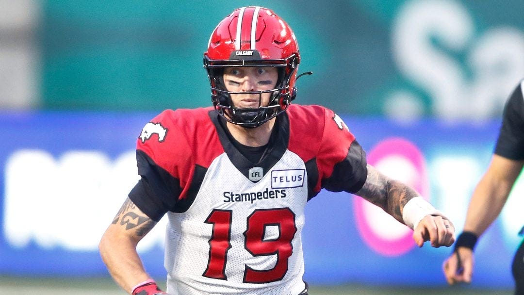 Calgary Stampeders Quarterback Bo Levi Mitchell during a CFL football game against the Saskatchewan Roughriders, Sauturday, Oct. 9, 2021, in Regina, Saskatchewan, Canada.