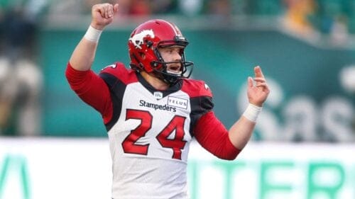 Calgary Stampeders Punter Cody Grace during a CFL football game against the Saskatchewan Roughriders, Sauturday, Oct. 9, 2021, in Regina, Saskatchewan, Canada.