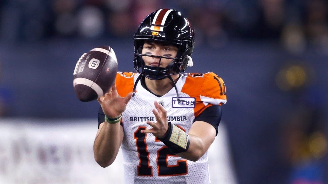 B.C. Lions Quarterback Nathan Rourke during a CFL football game against the Winnipeg Blue Bombers , Saturday, Oct. 23, 2021, in Winnipeg, Manitoba, Canada.