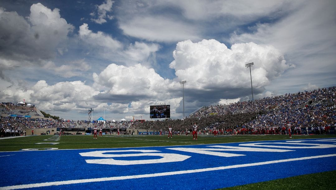 Clouds build over Falcon Stadium as Stony Brook Seawolves face the Air Force Falcons in the first half of an NCAA college.