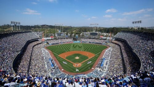 Dodger Stadium is seen during the first inning of an opening day baseball game between the Los Angeles Dodgers and the San Diego Padres, Monday, April 3, 2017, in Los Angeles.