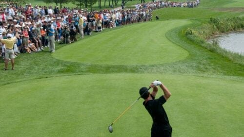 Mike Weir drives the ball on the first hole during the final day of competition.