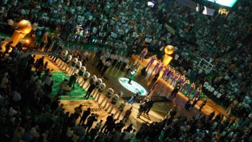 A photo of the Celtics and Lakers in the 2008 NBA Finals.