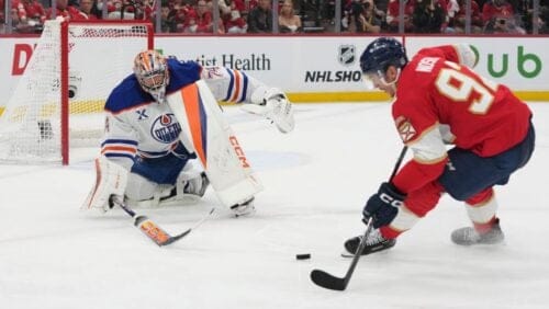 Edmonton Oilers goaltender Stuart Skinner (74) defends a shot on goal by Florida Panthers left wing Tomas Nosek (92) during the second period of Game 3 of the NHL Stanley Cup final Monday, June 9, 2025, in Sunrise, Fla.
