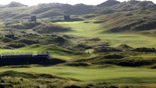 FILE - The Dunluce Links course at Royal Portrush Golf Club, Northern Ireland, Saturday, July 6, 2019.