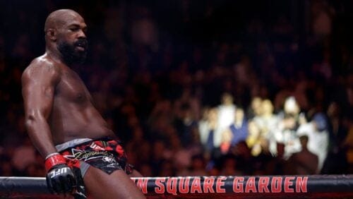 Jon Jones reacts after defeating Stipe Miocic in a UFC 309 mixed martial arts heavyweight title bout, early on Sunday.
