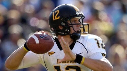 Southern Miss quarterback Austin Davis throws during the first half of an NCAA college football game against Navy in Annapolis, Md., Saturday, Oct. 8, 2011.