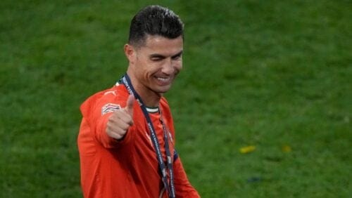 Portugal's Cristiano Ronaldo celebrates after winning the Nations League soccer championship at the Allianz Arena in Munich, Germany, Sunday, June 8, 2025.