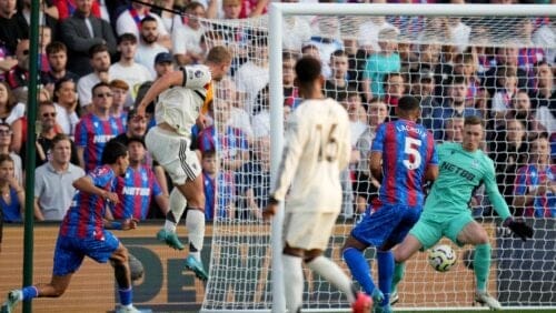 Manchester United's Matthijs de Ligt, 2nd left, attempts a header at goal during the English Premier League soccer match between Crystal Palace and Manchester United at Selhurst Park in London, Saturday, Sept. 21, 2023.