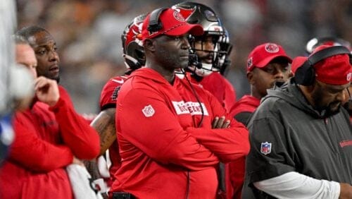 Tampa Bay Buccaneers head coach Todd Bowles looks on from the sidelines during an NFL football game against the Dallas Cowboys in Arlington, Texas, Sunday, Dec. 22, 2024.